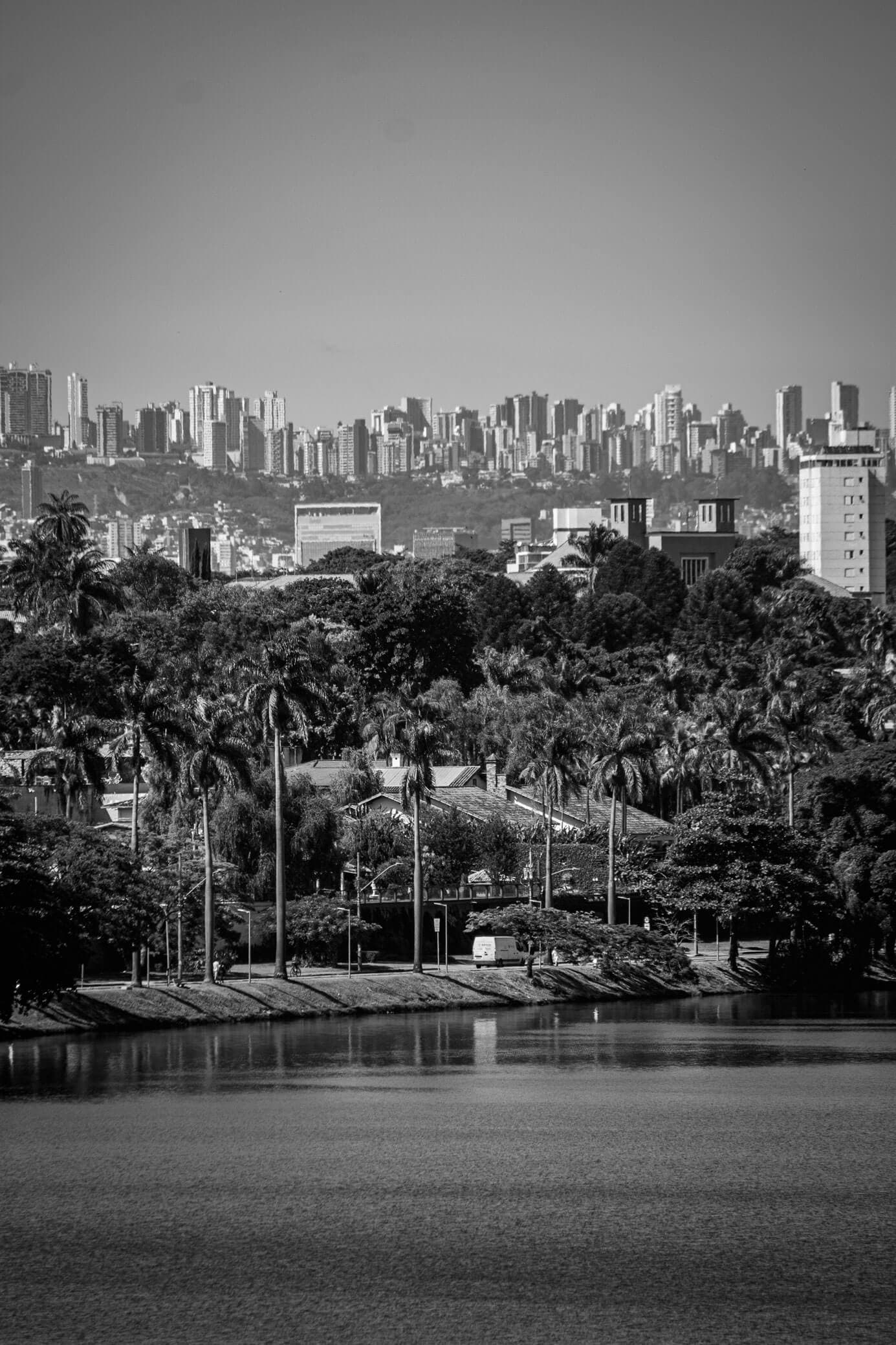 A imagem é uma paisagem de Belo Horizonte vista da Lagoa da Pampulha. No fundo é possível ver vários prédios, pequenos. Mais perto, vemos um monte de árvores que rodeiam a lagoa.