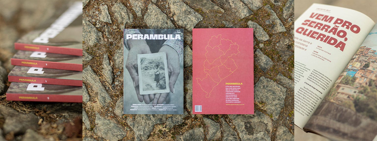 A imagem é uma colagem de três fotos que mostram diferentes ângulos da revista Perambula.