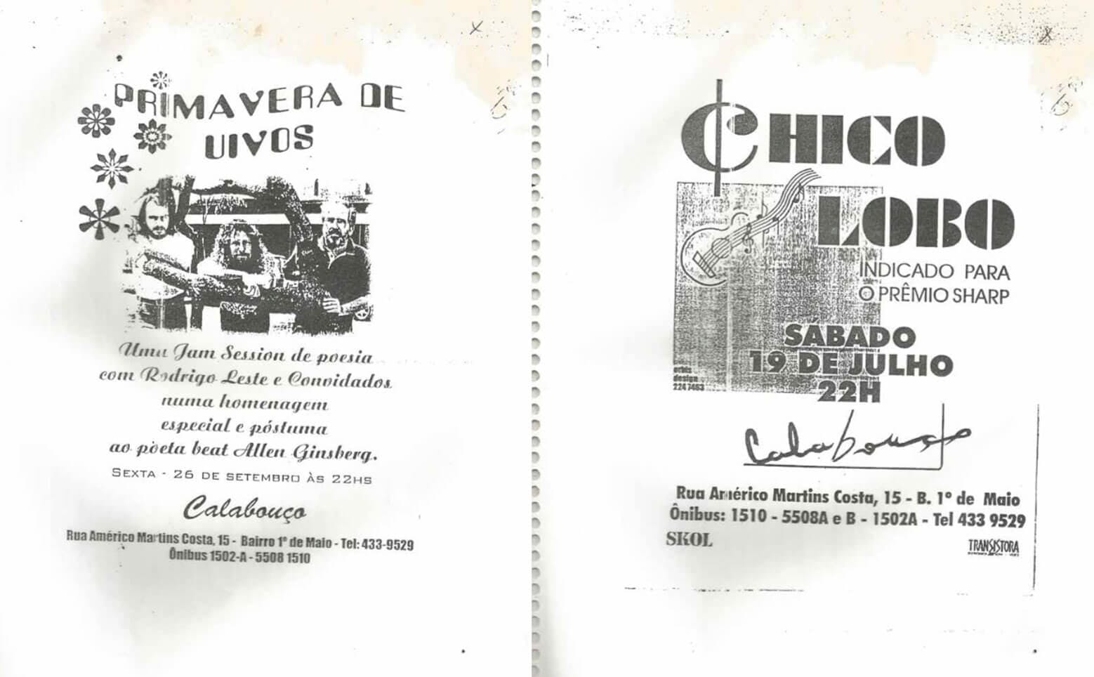 A imagem mostra dois flyers antigos do Calabouço que convidavam para os <i>shows</i> da Primavera de Uivos e do Chico Lobo.